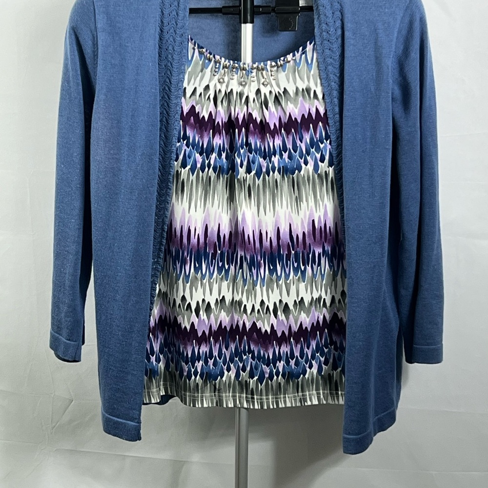 Alfred Dunner Blue Cardigan with Multicolor Patterned Top petite